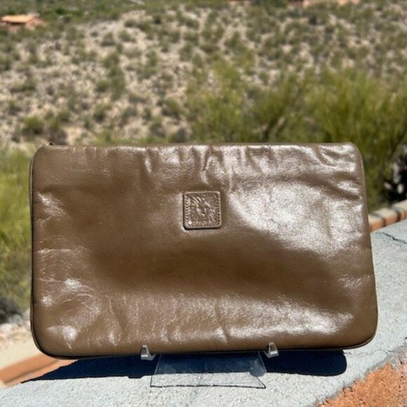 ANNE KLEIN for Calderon TAUPE Leather CLUTCH - Picture 1 of 8